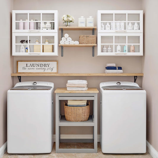 FIMELLO 59’’ Laundry Room Cabinets Wall Mounted, Kitchen Wall Cabinet, Bathroom Wall Cabinet, Hanging Display Cabinet, Adjustable Shelf, Glass Door, White