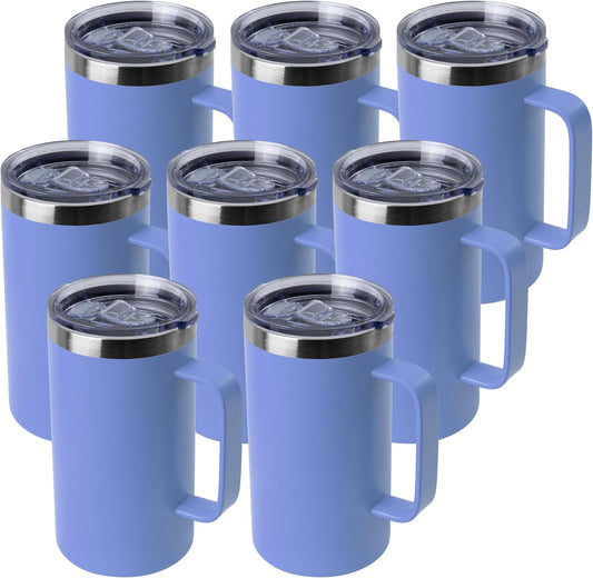 DOMICARE 24oz Mug with Handle and Lid, Stainless Steel Coffee Mug, Travel Mug with Handle, Double Wall Vacuum Coffee Tumbler, Reusable Insulated Cup, Blue, Pack 8