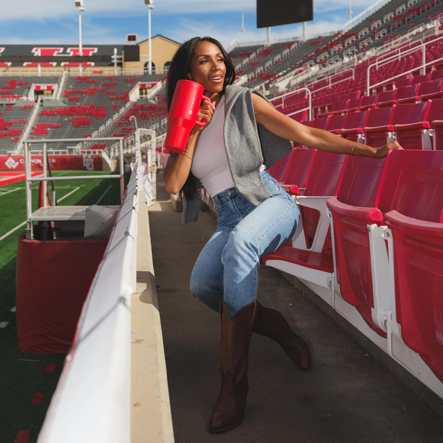 HydroJug Traveler - 40 oz Water Bottle with Handle & Flip Straw - Fits in Cup Holder, Leak Resistant Tumbler-Reusable Insulated Stainless Steel & Rubber Base - Gifts for Women & Men, Alumni Red