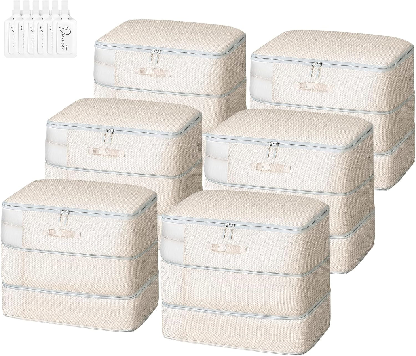 Comforter Storage Bag - Large Capacity Blanket Storage Bags 3-Layer Ultra Space Saving Self Compression Organizer, Washable Compression Bags for Storage Comforter Blanket, 6-Pack, Beige