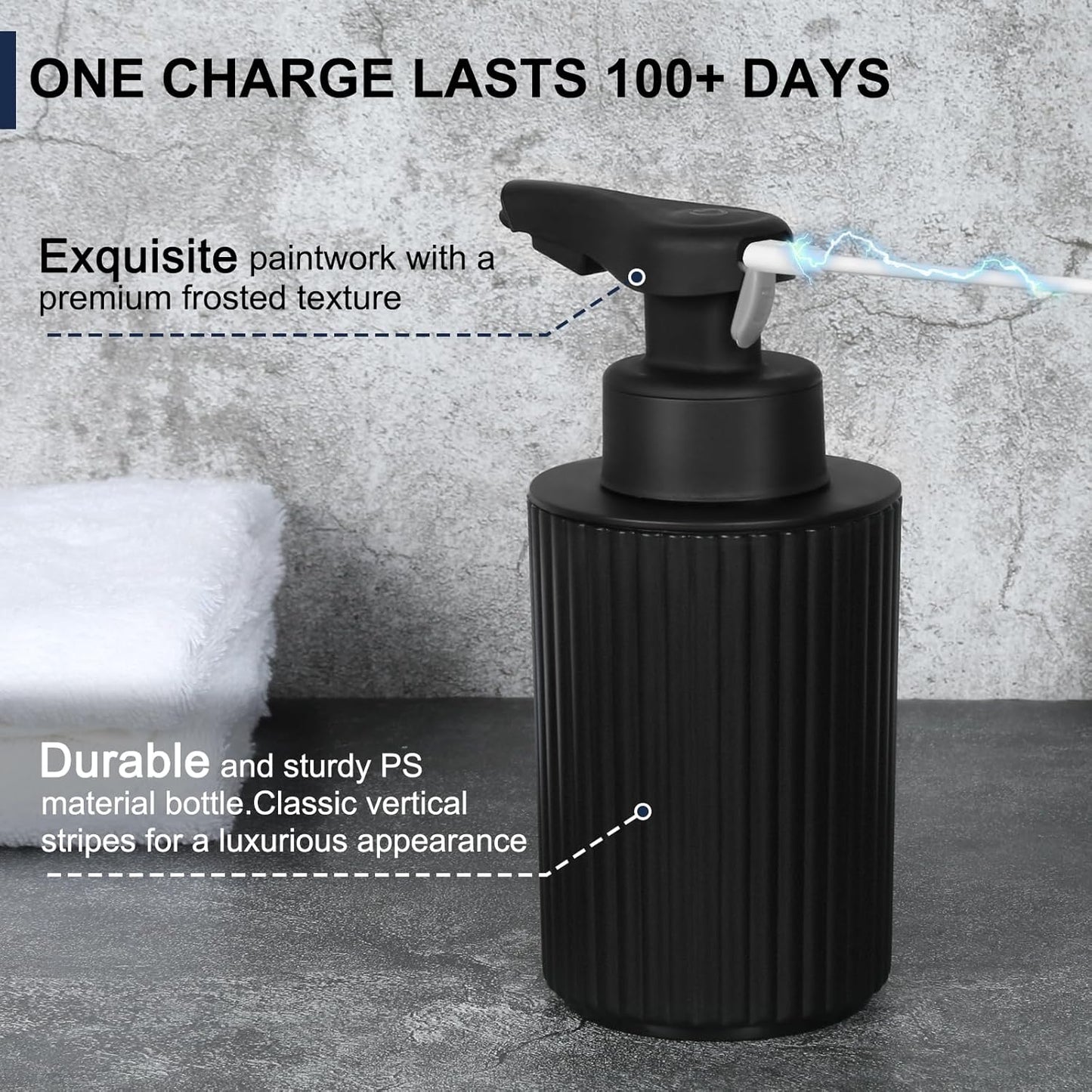 Automatic Soap Dispenser Liquid Touchless: 9oz Black Plastic - Rechargeable Electric Smart 3 Level Adjustable Auto Hand Soap Dispenser - Dish Bathroom Kitchen
