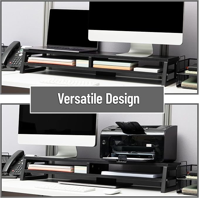 Mind Reader 2-Tier MDF Double Monitor Stand, Dual Screen Riser with Storage Shelf, 33.75 Inch Wide, 88 lb Capacity, Black
