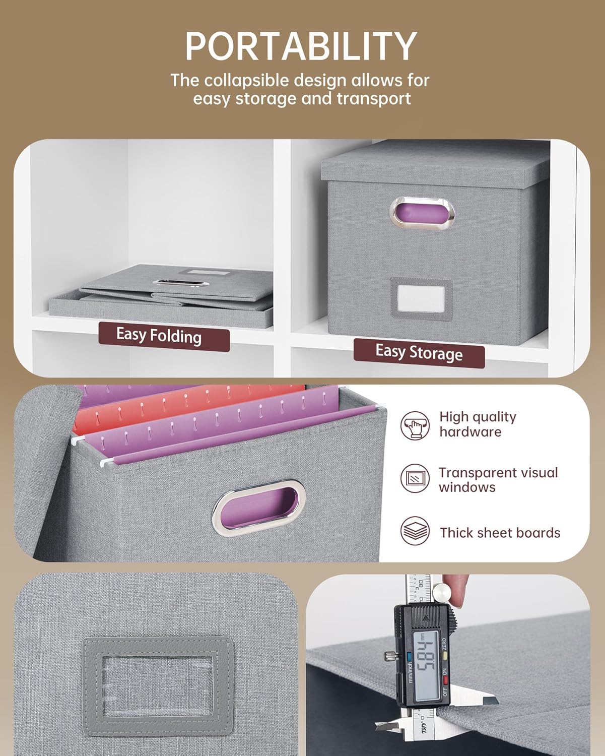 4 Pack File Storage Organizer, Document Organizer, Portable File Box with Lid, Fit for Letter/Legal File Folder Storage,Gray-Box only