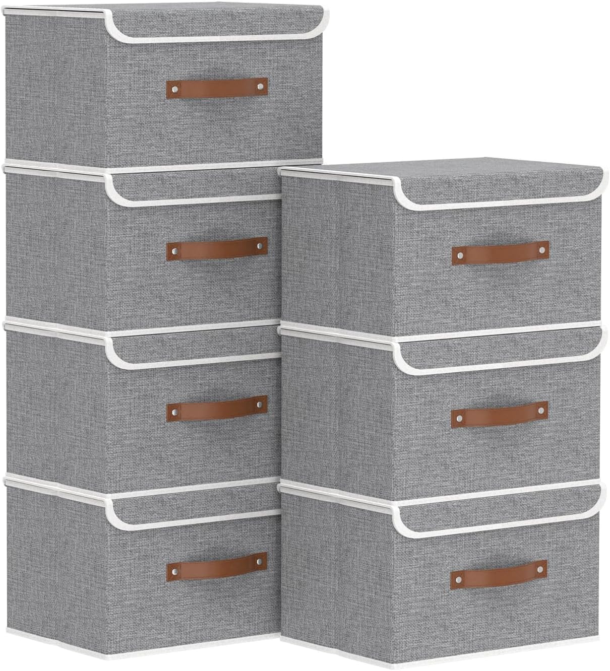Yawinhe Collapsible Storage Boxes, Foldable Bin with Lids, Cube Clothes Organizer Basket with Handles, Grey, 13.0''Lx9.0''Wx7.9''H, 7-Pack, SNK024GS-7