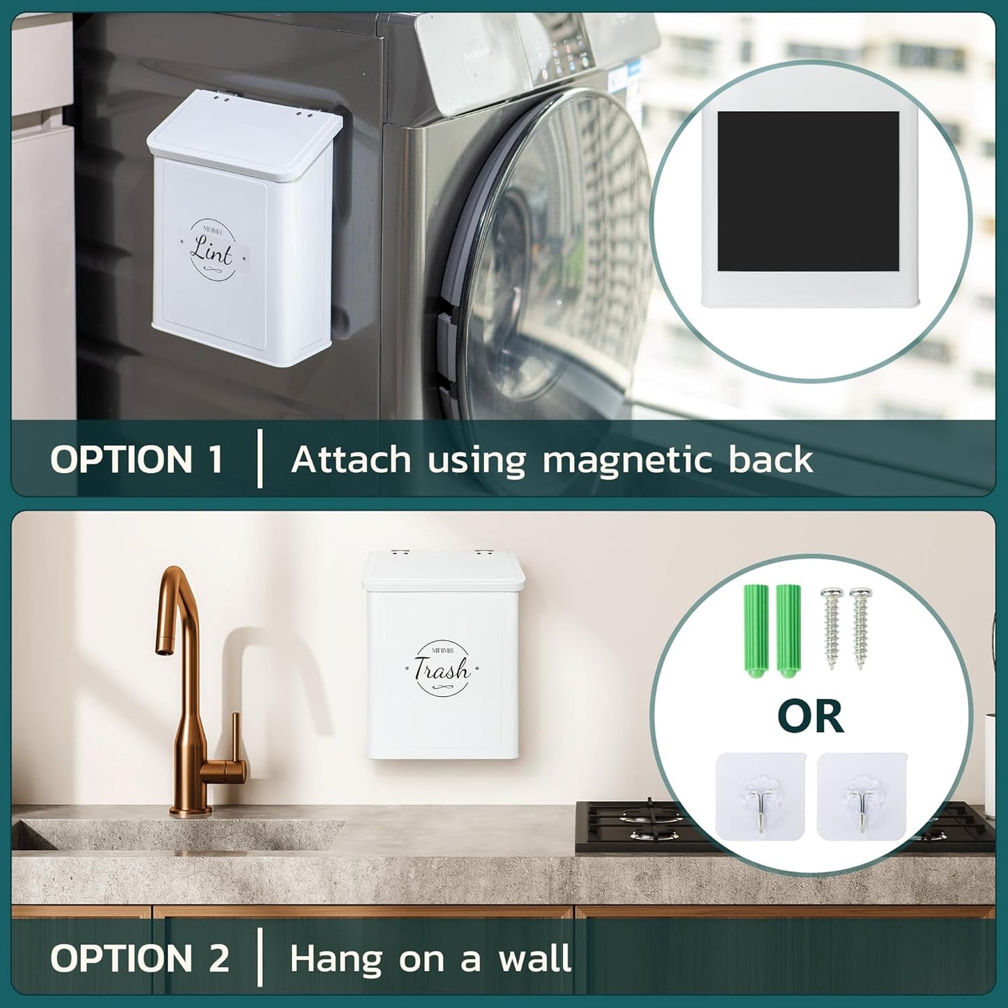 Minimis Customizable Mini Laundry Room Storage Bin - Small Magnetic Storage Holder Basket with Lid for Organizing Lint, Socks, Trash or Pods - Garbage Box Can be Mounted on a Wall/Dryer or Countertop