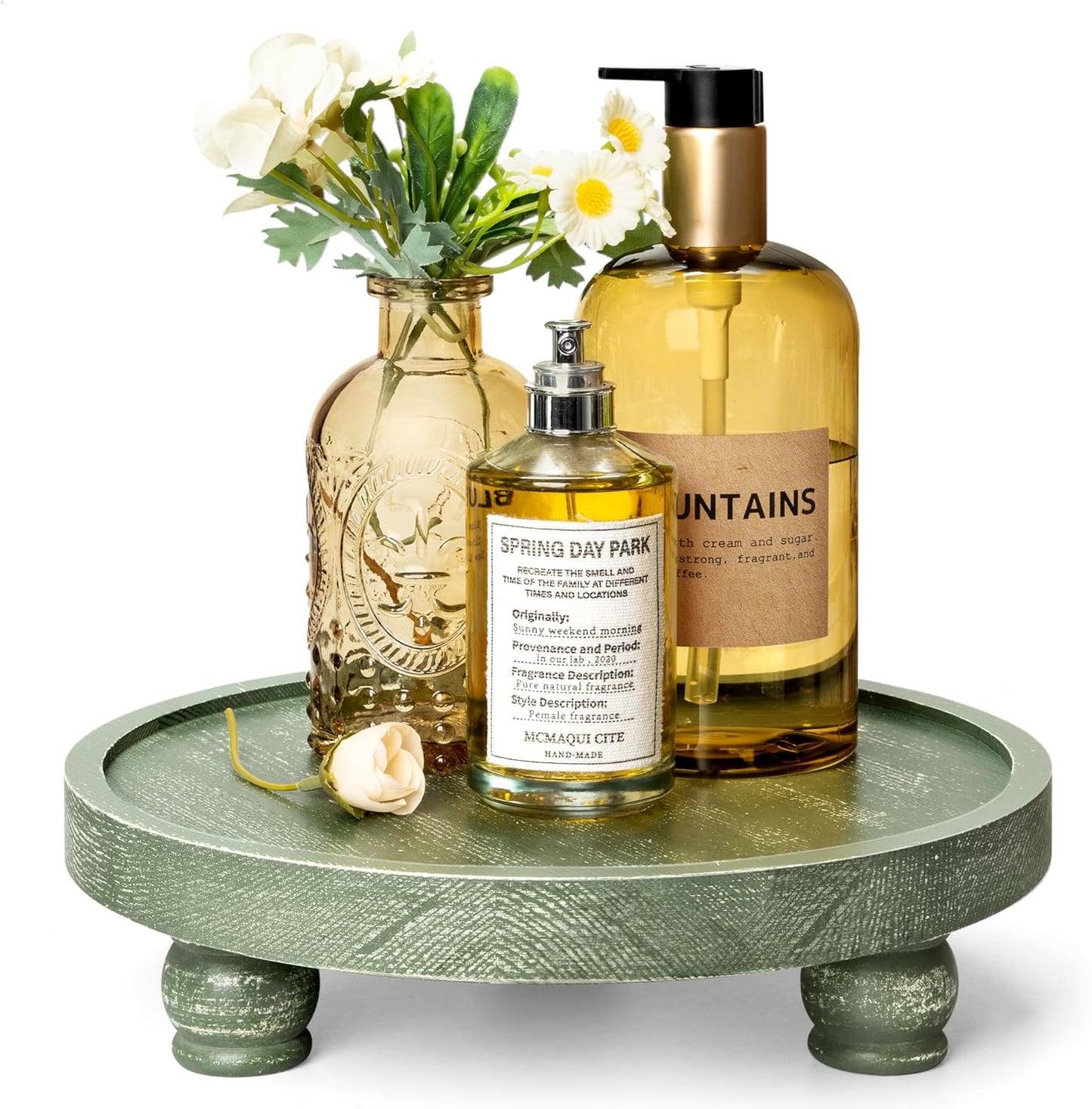 EOSAHR Farmhouse Pine Wood Riser for Home Decor – Round Pedestal Stand for Coffee Table & Kitchen Sink – Stylish Display Stand for Dish Soap Dispenser, Candles, Plants, and Cupcakes (Green)