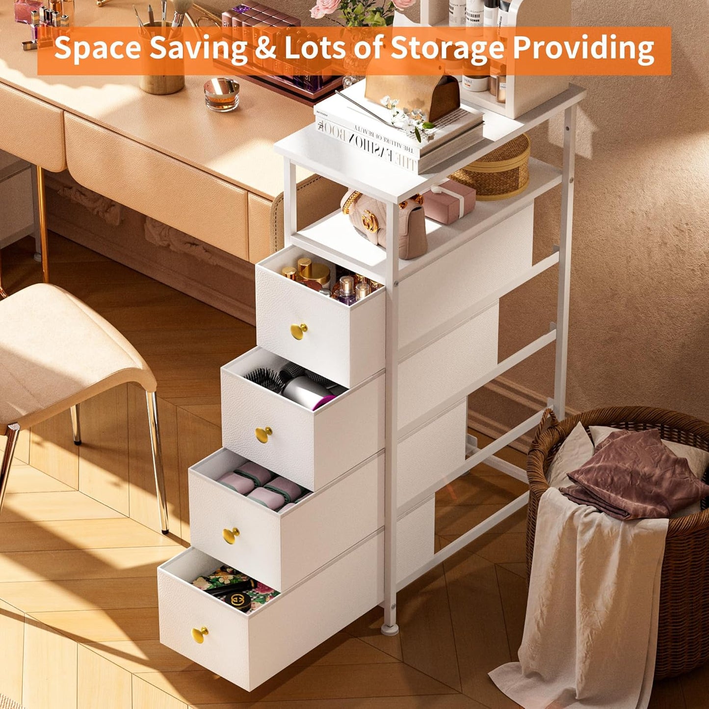 Narrow Dresser for Bedroom, Vertical Chest of Drawers with Shelf & 4 Drawers, Slim Dresser Storage Tower with Wood Top, Sturdy Frame, Leather Faux for Narrow Space, Bathroom&Laundry(White)