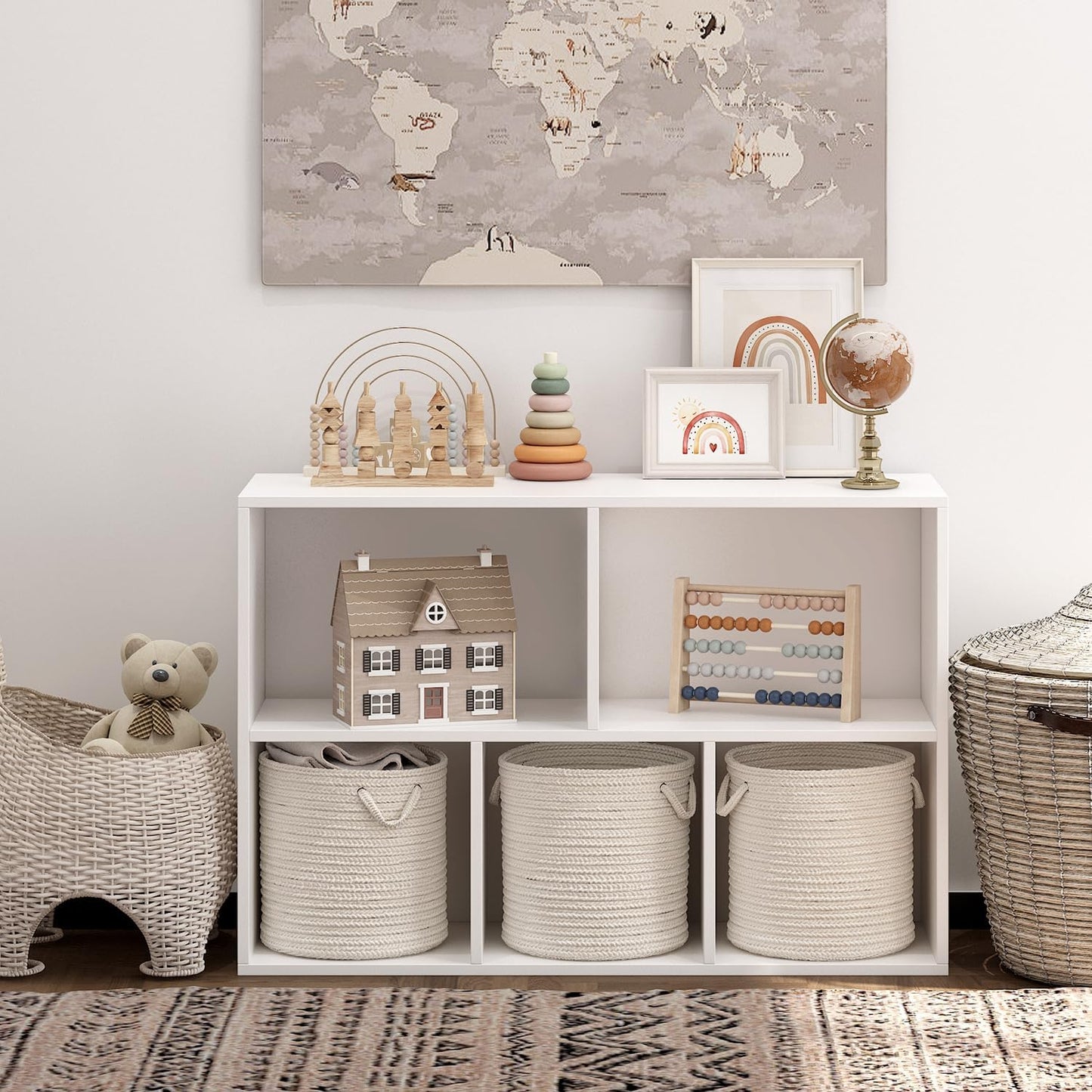 Wooden 5 Cube Storage Organizer with Closed Back Panel,White Cube Shelf Heavy Duty Cubby Storage Organizers with Compartments for Living,Display Shelf,Bookshelf,Storage Furniture