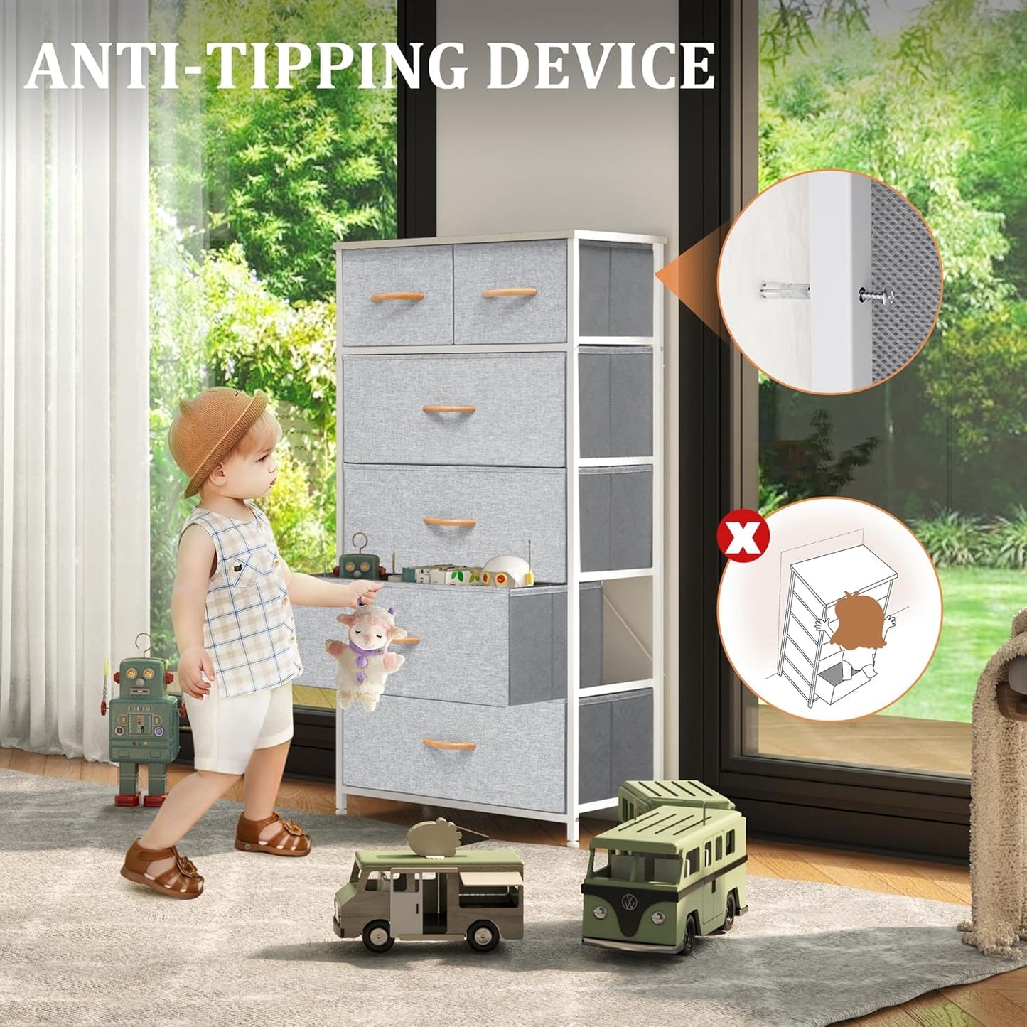 Fabric Dresser for Bedroom, Tall Skinny Dresser with 6 Drawers, Storage Organizer Tower, Steel Frame Wooden Top for Closet, Living Room, Hallway(Light Gray)