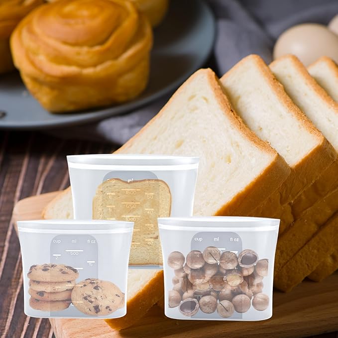 Platinum Silicone Food Storage Bag Reusable Silicone Freeze Bag Snack Bag, Wide Base Stand-up, White Translucent, 3pcs BPA Free Freezeable Microwaveable Dishwasher, Christmas Gift