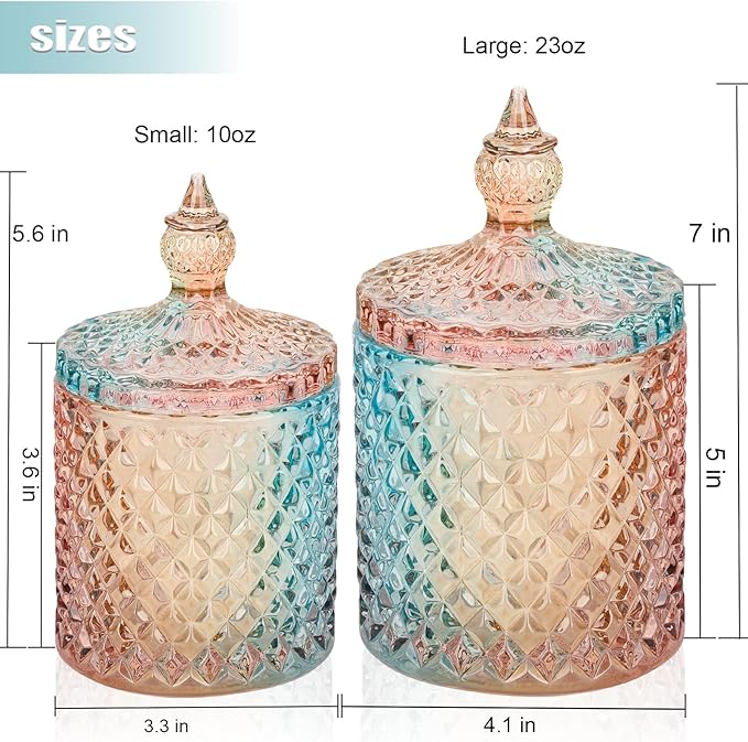 rejomiik 2 Pack Qtip Holder Glass Bathroom Accessories Vanity Organizers and Makeup Storage for Cotton Swabs, Balls, Pads, Floss Picks, Candy, Small and Large Rainbow