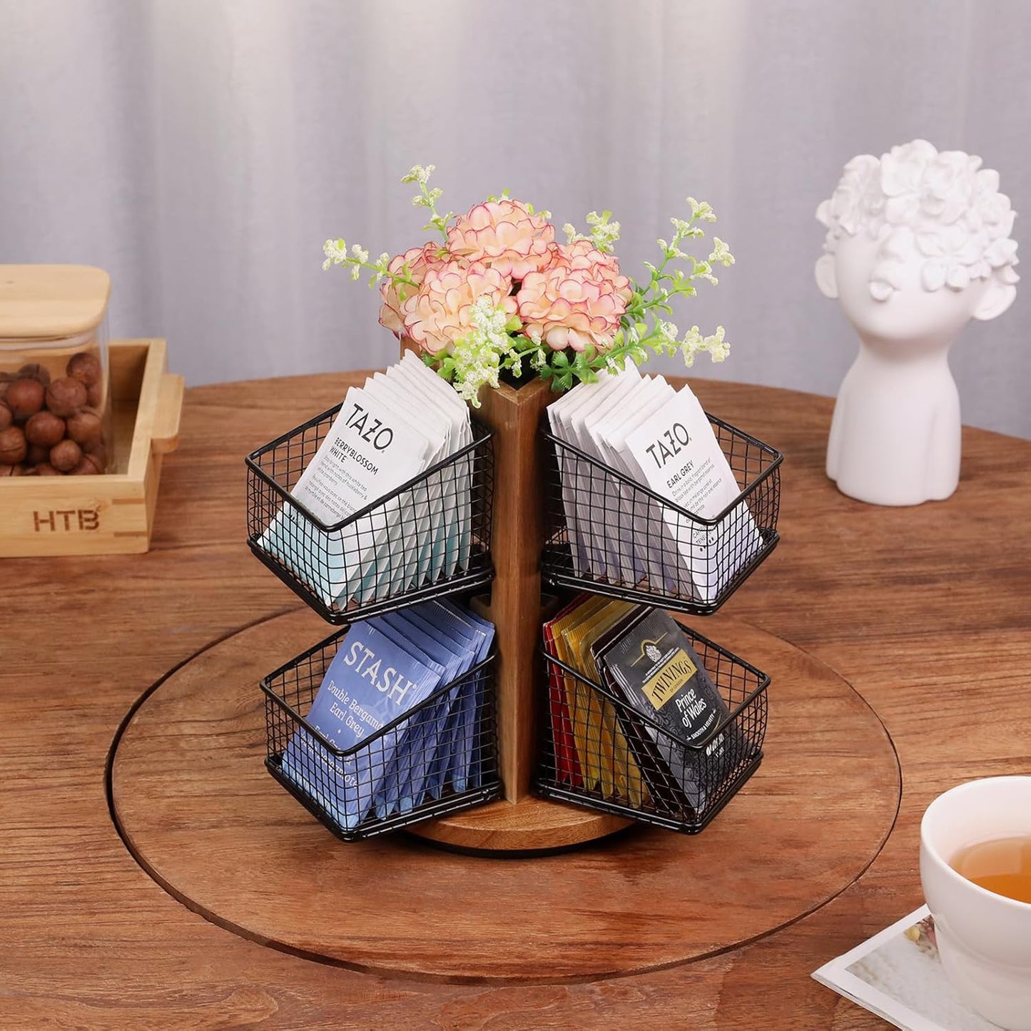 HTB Carousel Tea Bag Organizer for Counter, 2 Tier Tea Bag Holder with 6 Removable Tea Baskets and Acacia Wood Station, Tea Organizers and Storage for Cabinet, Countertop