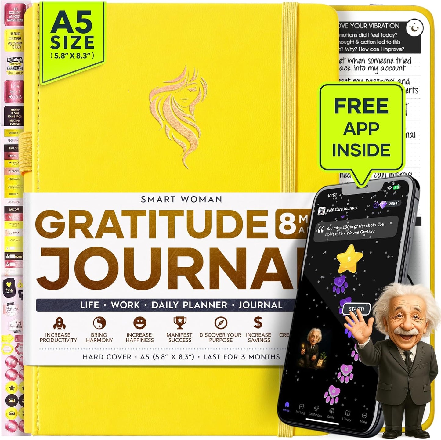 Gratitude Journal for Women & Men - 5 Minute Self Care Journal | 90-Day Undated Daily Planner for Positivity, Affirmations & Manifestation | Guided Mindfulness, Reflection | Vision Board + Stickers