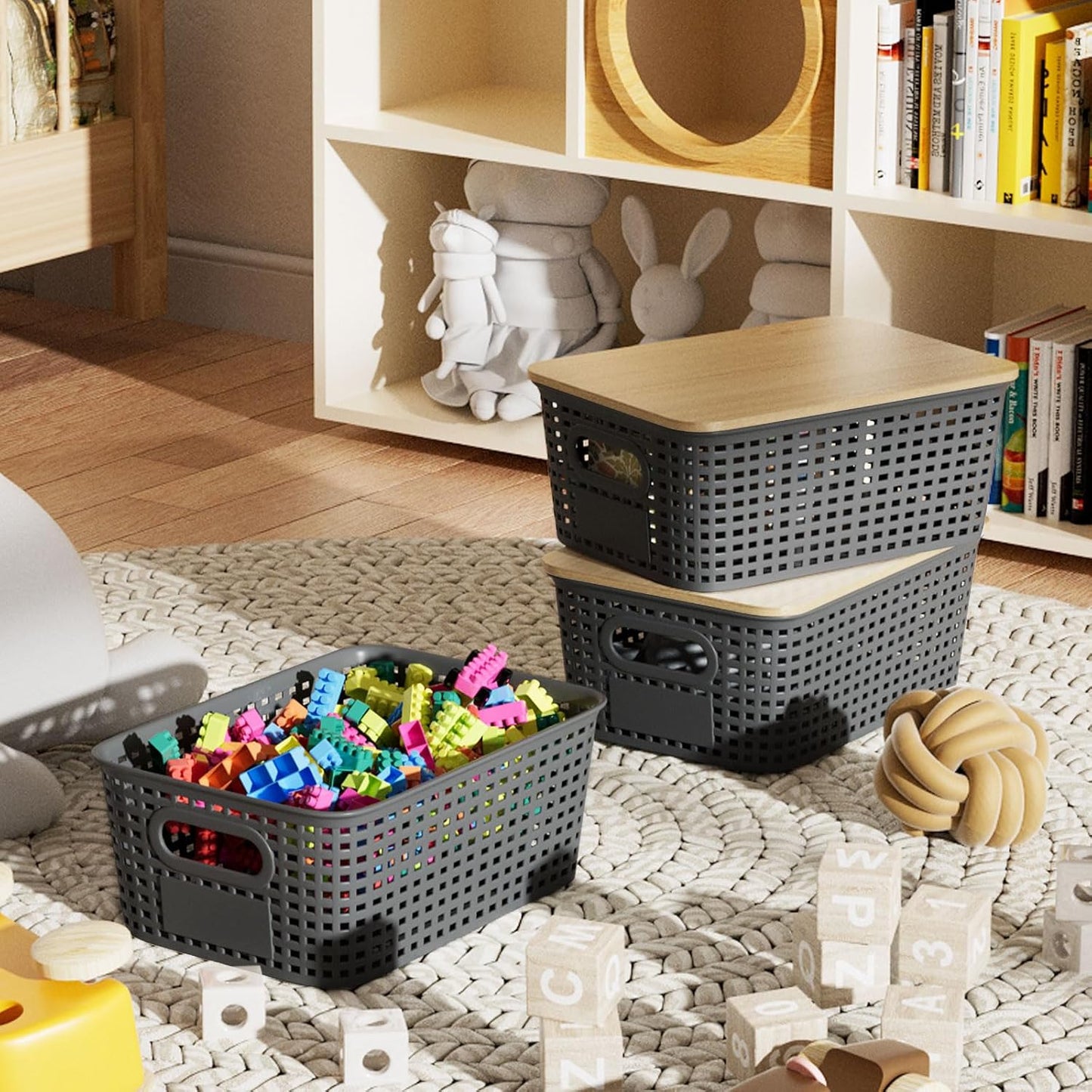 Plastic Storage Bins with Bamboo Lid - Plastic Storage Baskets with Lid - Stackable Container with Lable for Organizing: Small Storage Box for Shelves Office Cabinet Drawer ,10x7.2x4 In - Grey 6 Pcs