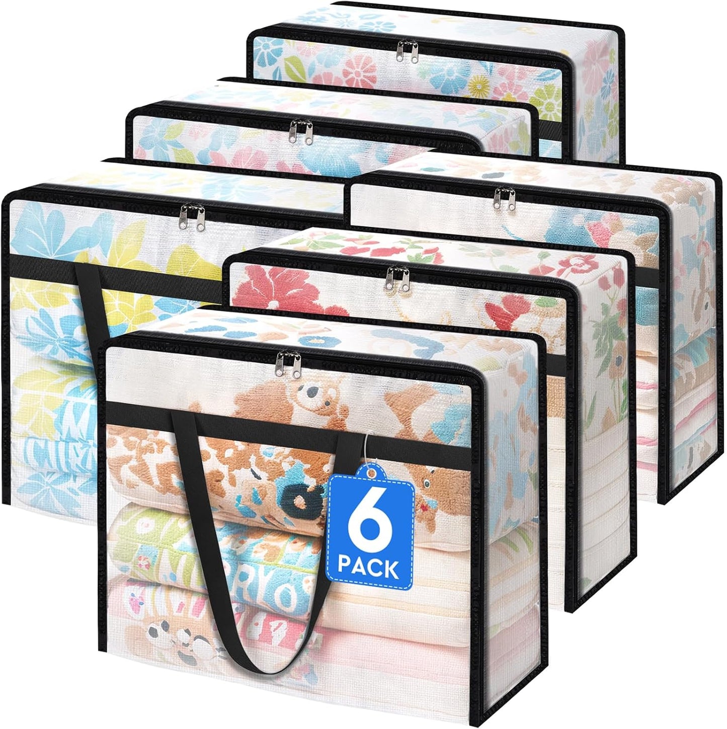 6 Pack Clear Storage Bags for Comforter, Clothes & Bedding, Plastic Blanket Storage with Zipper and Handle, Moving Bags, Closet Organizer and Under-Bed Storage (40L)