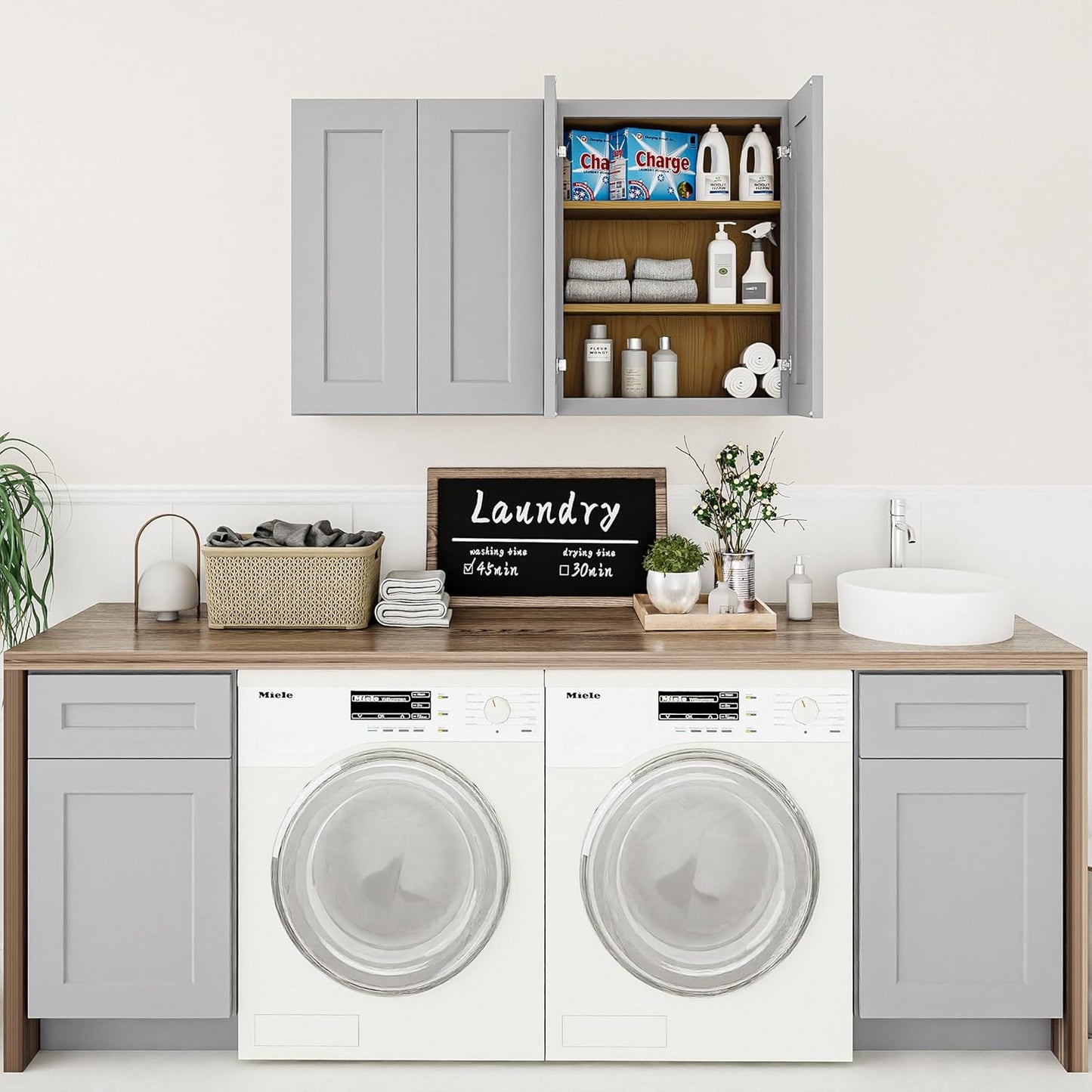 24 Inch Medicine Cabinet Wall Mounted, Solid Wood Over The Toilet Storage Cabinet, Bathroom Organizer Cabinets with 2 Door & Shelves, Easy to Assemble for Laundry Room, Kitchen, Garage - Dark Gray