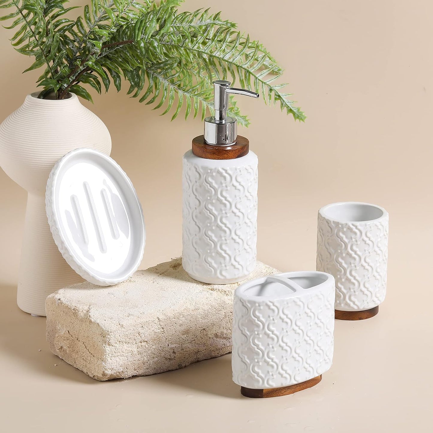 Bathroom Accessories Set 4 Pcs Toothbrush Holder Soap Dispenser Ceramic and Wood Bathroom Decor Set Contain Toothbrush Cup Soap Dish Tumbler White