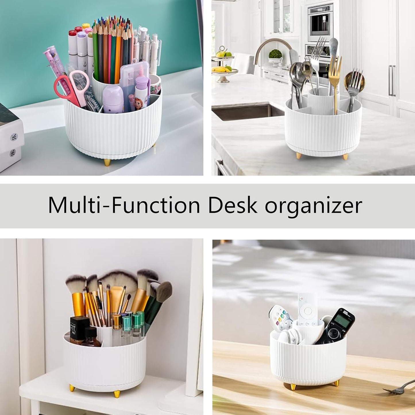 Office Desk Accessories, White Office Supplies 360°Pen Holder Desk Organizers And Accessories with Tape Dispenser, Stapler, Staple Remover, 1000 Staples, Tape, Clips Set, Ruler, Scissor, Pen