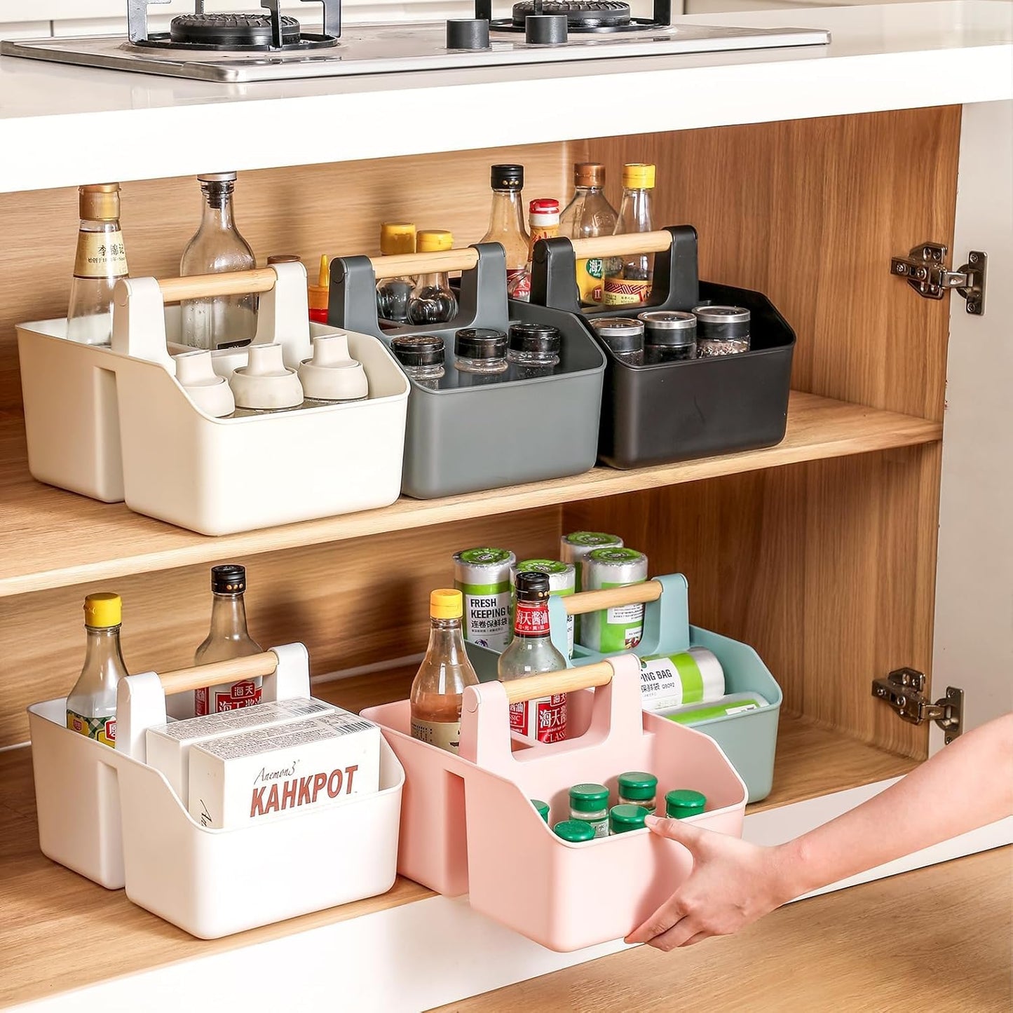 rejomiik Portable Shower Caddy Basket with Bamboo Handle, Plastic Cleaning Caddy Bathroom Organizer Tote for College Dorm Essentials, Bath Toy Storage, Dark Gray