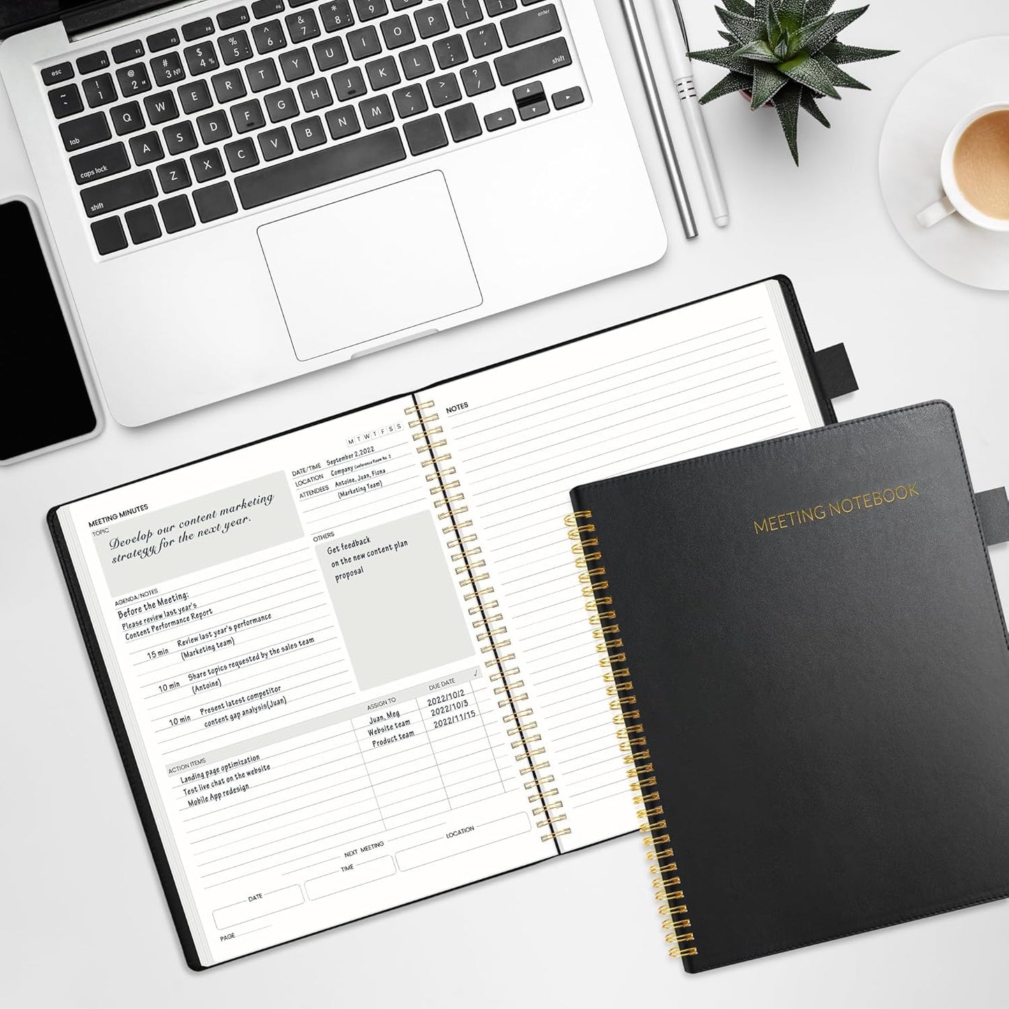 SUNEE Half Meeting Half Note - 8.5"x11" Professional Notebooks for Work - 160 Pages, A4 Size Project Planner, Spiral Meeting Agenda Organizer for Women Men, Note Taking,Office with Vegan Leather Cover