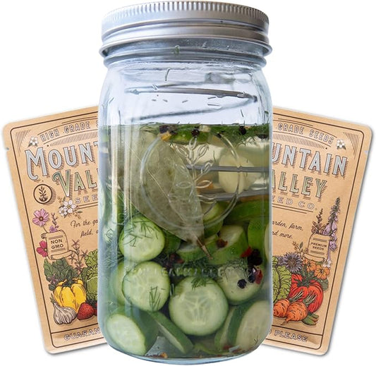 Quick Pickle Kit & Pickle Seeds - For Easy Quick Pickles & Mason Jar Fermenting - 316 Stainless Steel Pickling Lid, Weight, Quart Mason Jar, & 200+ Pickling Cucumber Seeds for Planting