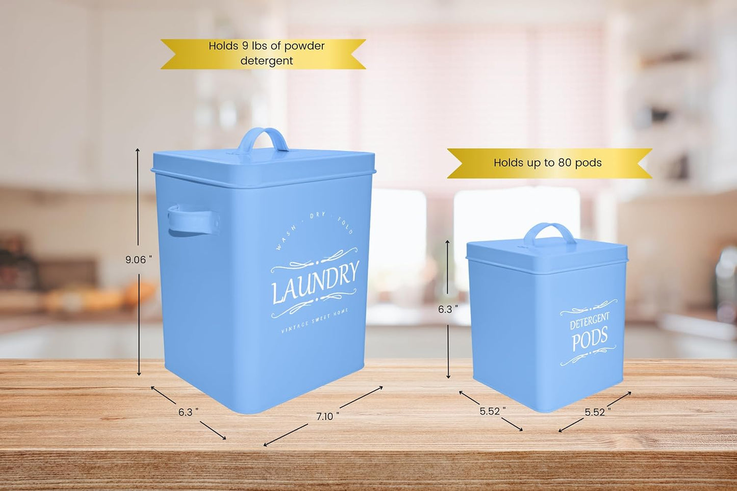 Meraki Home Laundry Detergent Container Set – 2-Pack Detergent Holder and Pods Container with Metal Scoop – Farmhouse Canisters for Laundry Room Organization and Storage - Matte Blue