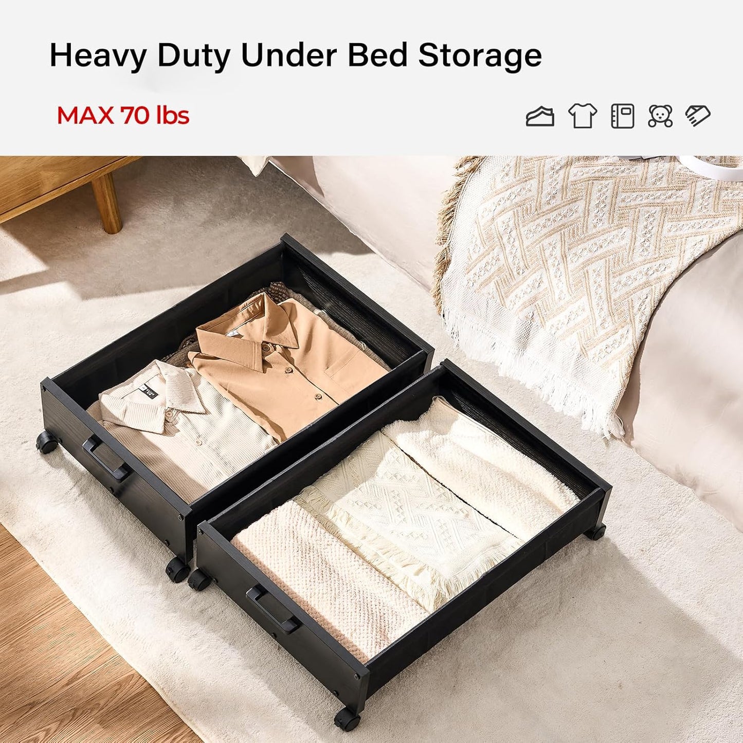 Under Bed Storage with Wheels, Wooden Under Bed Drawers On Wheels, Rolling Under Bed Shoe Storage, Space Saving, Black,30L