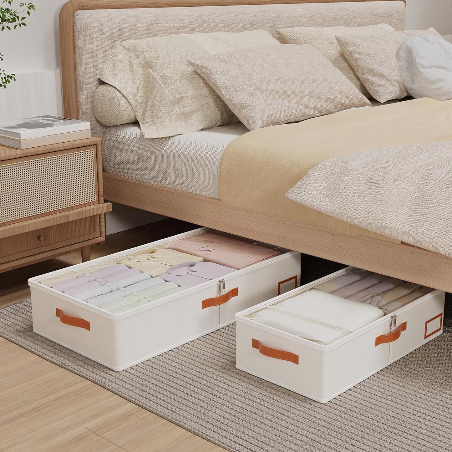 Yawinhe Under Bed Storage, 4 Pack Closet Organizers, Collapsible Container Bags, with Sorting Card Slot and 4 Leather Handles, for Blanket, Bedding, 23.6''Lx11.8''Wx6''H, Beige