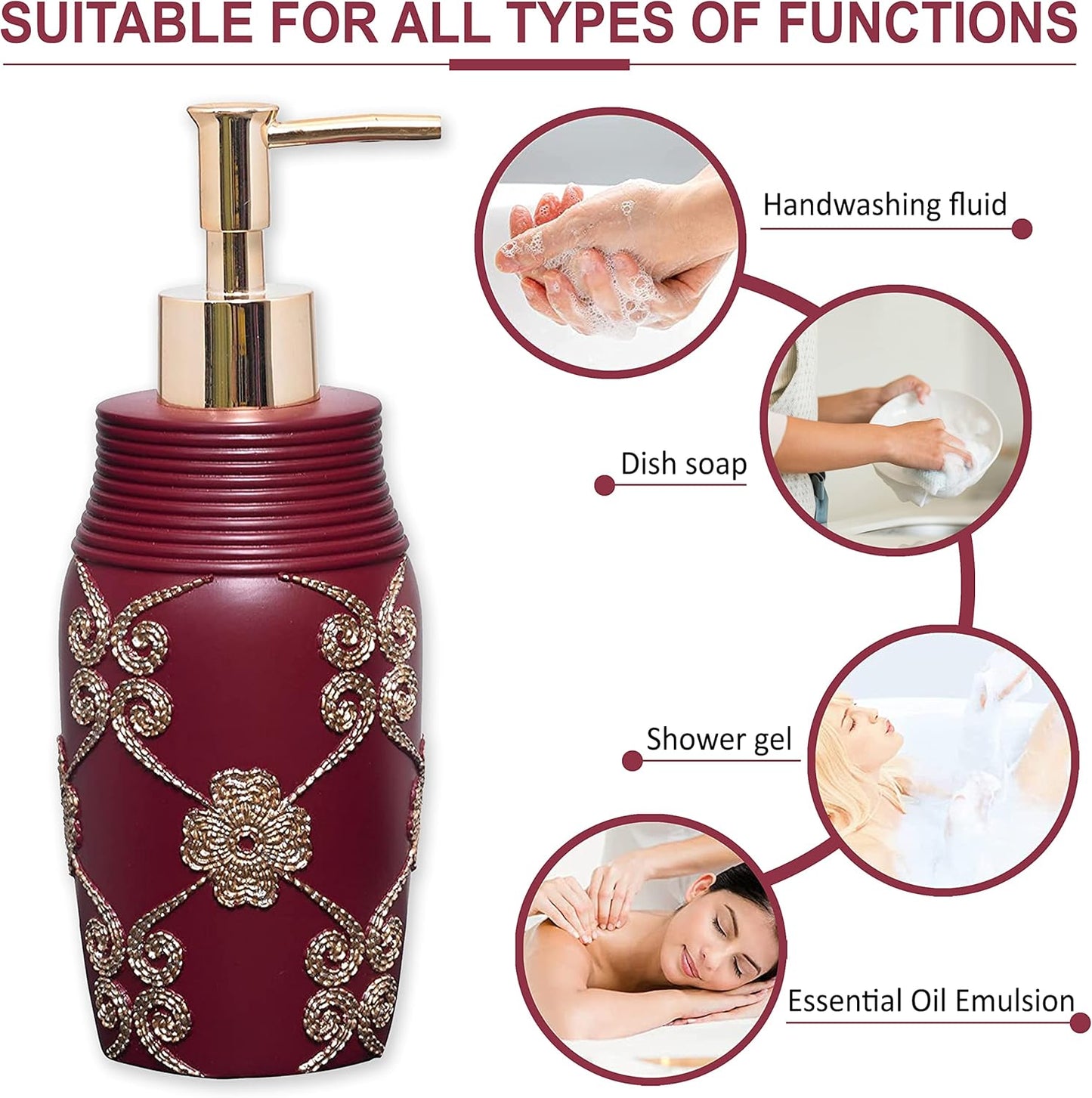 Zahari Home 4pc Elegant Rose Burgundy Bathroom Set Classic Bathroom Lotion Dispenser, Tumbler, Toothbrush Case and Bar Soap Holder Modern Uunique Design Burgundy Red Bathroom Accessories