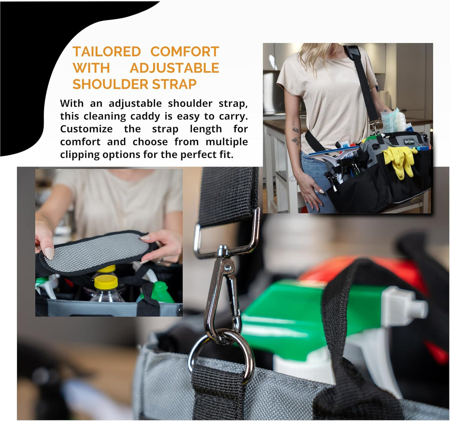 Wearable Cleaning Caddy – Portable Detailing Organizer with Spill-Proof Liner, Straps & Handles – Large Tote for Cleaning Pros, Auto Detailers, and Housekeepers – Black/Gray