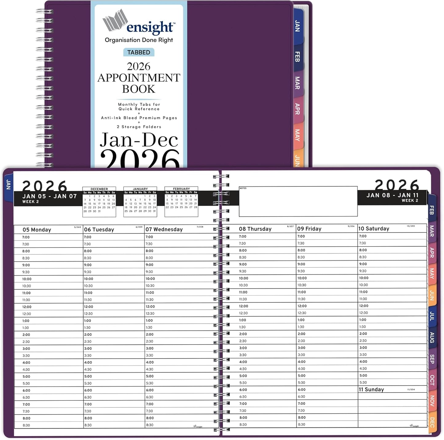 Ensight 2026 Appointment Book and Planner 6.5" x 8.5" Large Hourly Weekly Daily Schedule Book with Tabs, 30 Minute Time Slots, Purple Calendar Organizer Jan 2026–Dec 2026 Appointment Planner - Purple