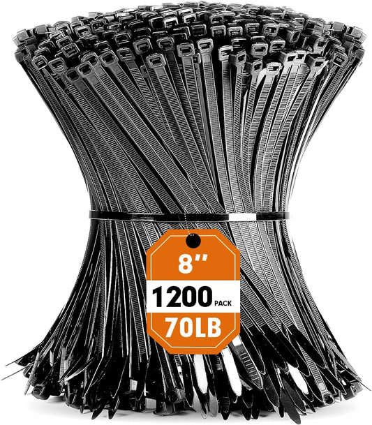 Zip Ties, RAZCC 1200pcs Black Cable Zip Ties 8 Inch, Heavy Duty Plastic Wire Ties with 70lb Tensile Strength, Self-Locking Black Nylon Tie Wraps for Indoor and Outdoor
