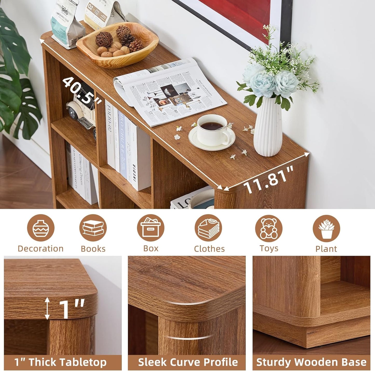 9 Cube Storage Book Shelf, 41" Tall Organizer Bookshelf with Curved Edge, Wood Floor Standing 3-Tier Cubby Bookcase with Base, Country Rustic Display Book Case for Library, Office, Brown