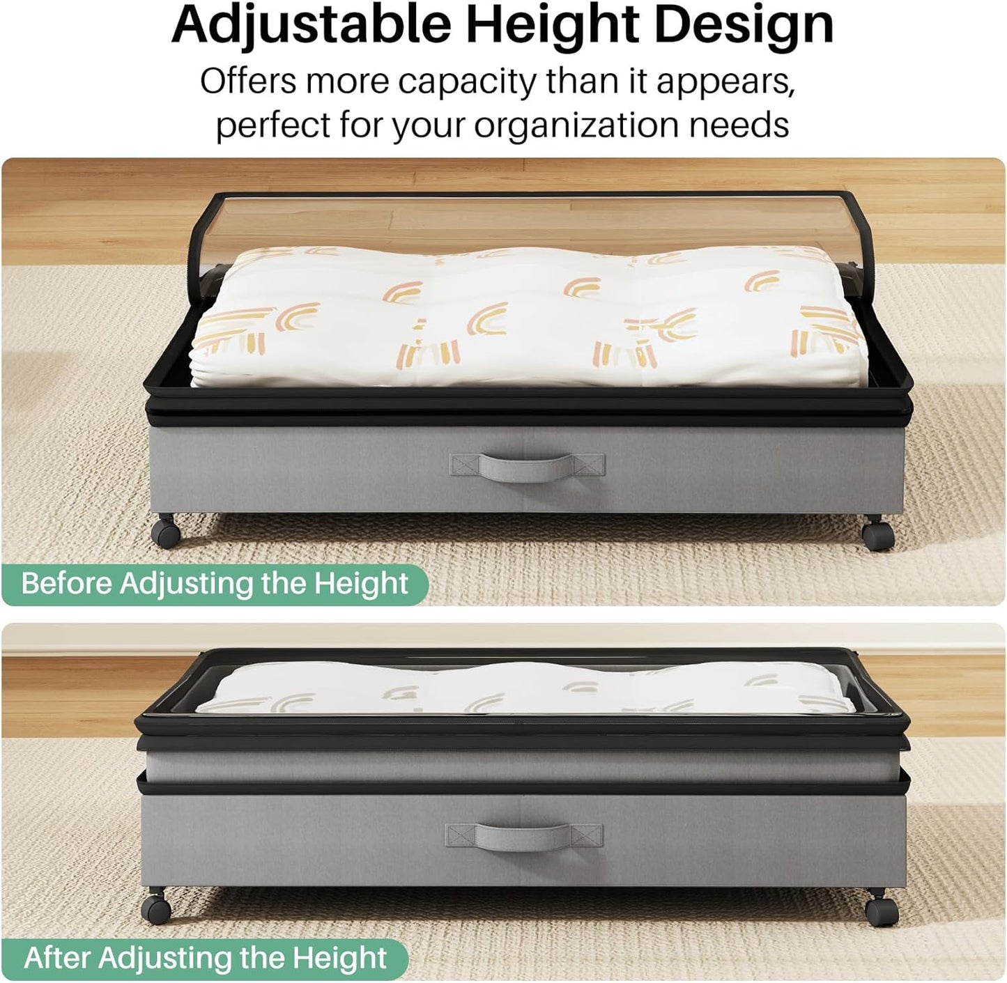 Kitstorack Under Bed Storage with Wheels 2Pack Height-adjustable Under Bed Storage Containers,Under Bed Shoe Storage Organizer with Clear Window&Label, Suitable for Clothes Storage, Gray