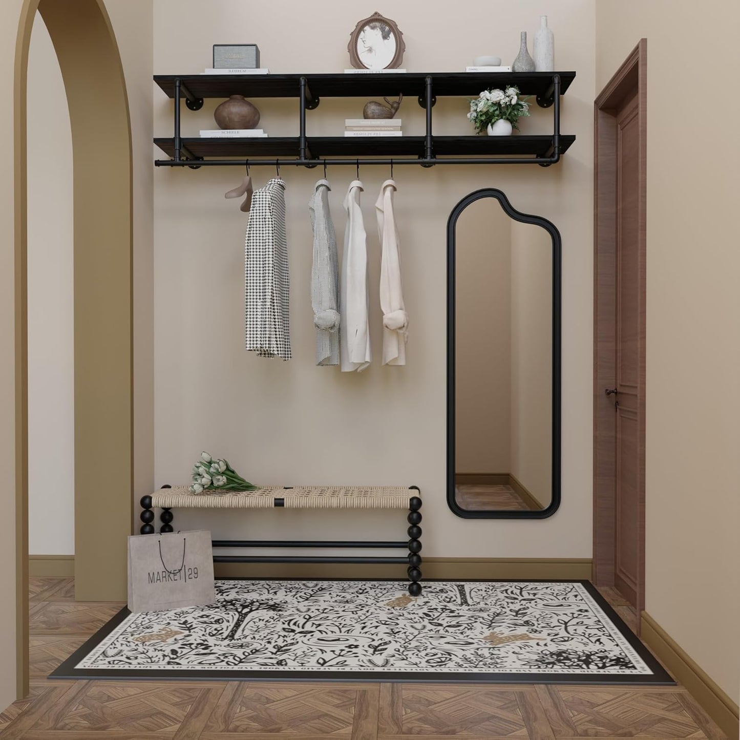 Wall Mounted Clothes Rack 12 Inch Deep, 72 Inch Heavy Duty Garment Rack with Real Black Wood Shelf, Multi-Purpose Hanging Rod & Space-Saving Closet Storage Organizer