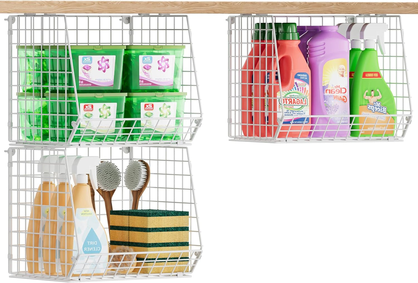 Sonyabecca 3 Pack Under Shelf Laundry Room Organizer: Foldable Wall Mounted Wire Basket Space Saving Over The Washer and Dryer Shelves - Laundry Organization and Storage, White Patent