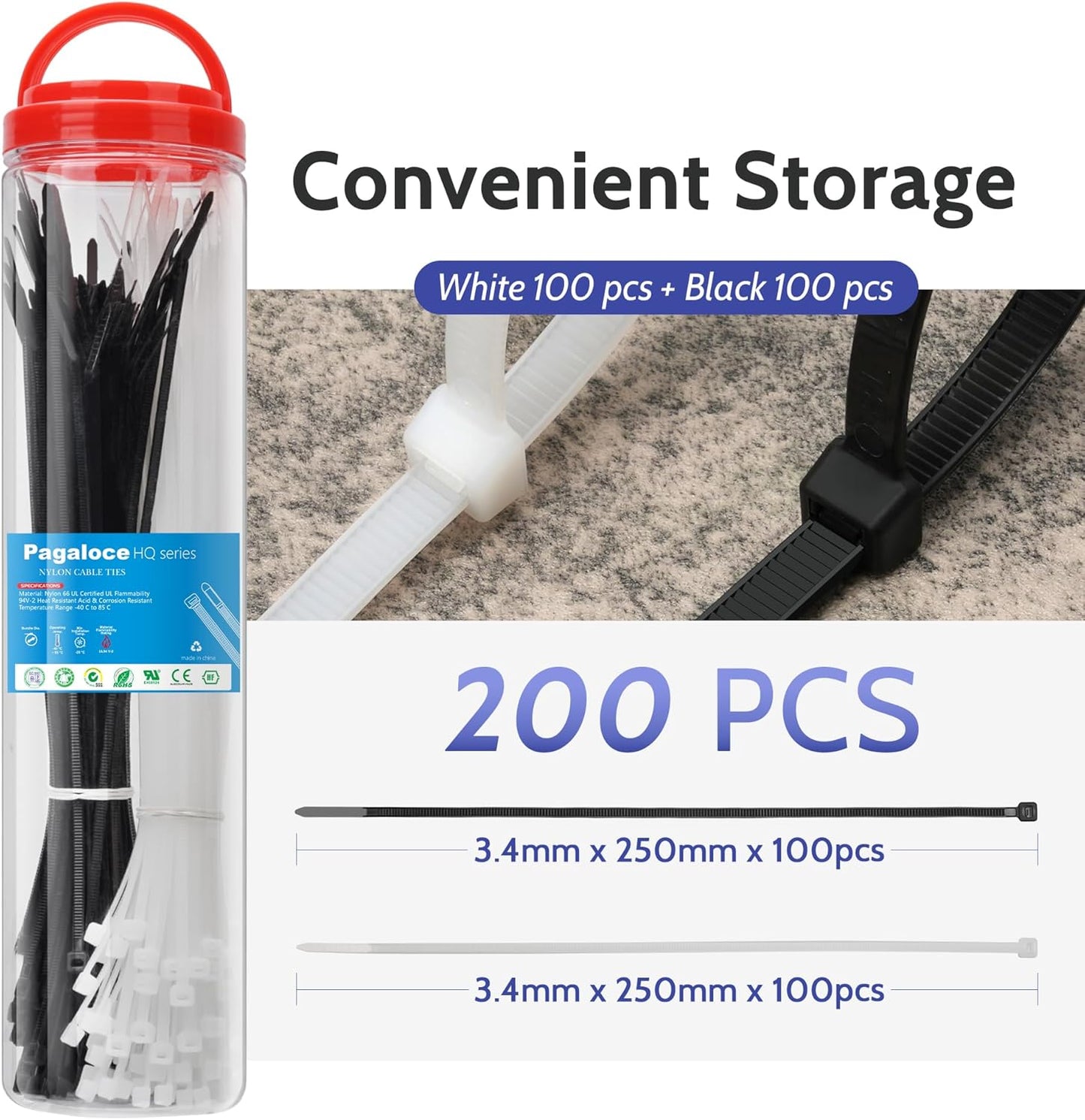 200 Pack Zip Cable Ties (Black and White, Each 100pcs), 9 Inch Self-Locking Nylon Zip Ties, Cable Cord Management, Plastic Wire Ties, Size: 3.4mm*250mm, UV Resistant, UL Listed, for Indoor and Outdoor