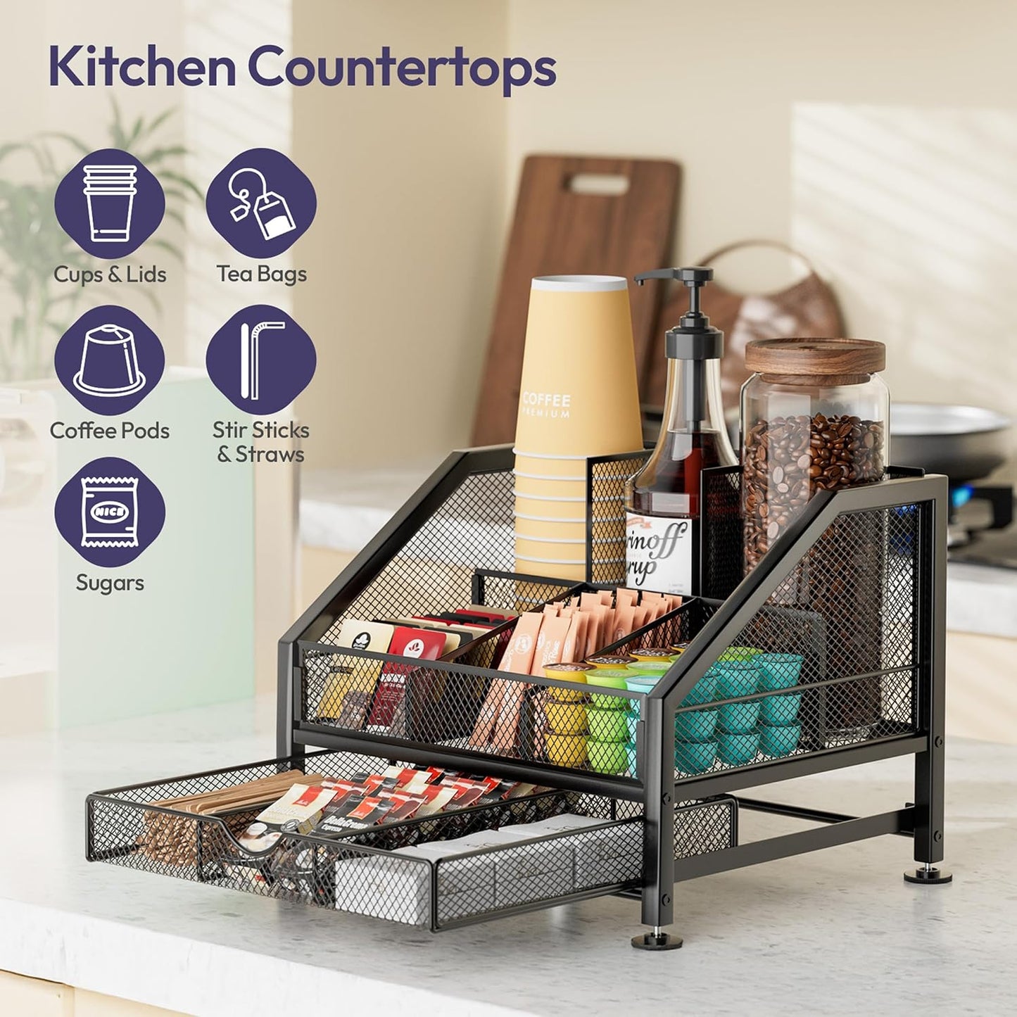 SWTYMIKI Coffee Bar Organizer for Countertop – Space-Saving Storage Rack with Drawer & Tiered Shelves, Coffee Station Organizer for Breakroom, Kitchen, Office, Cafe, Mesh Tea Condiment Storage