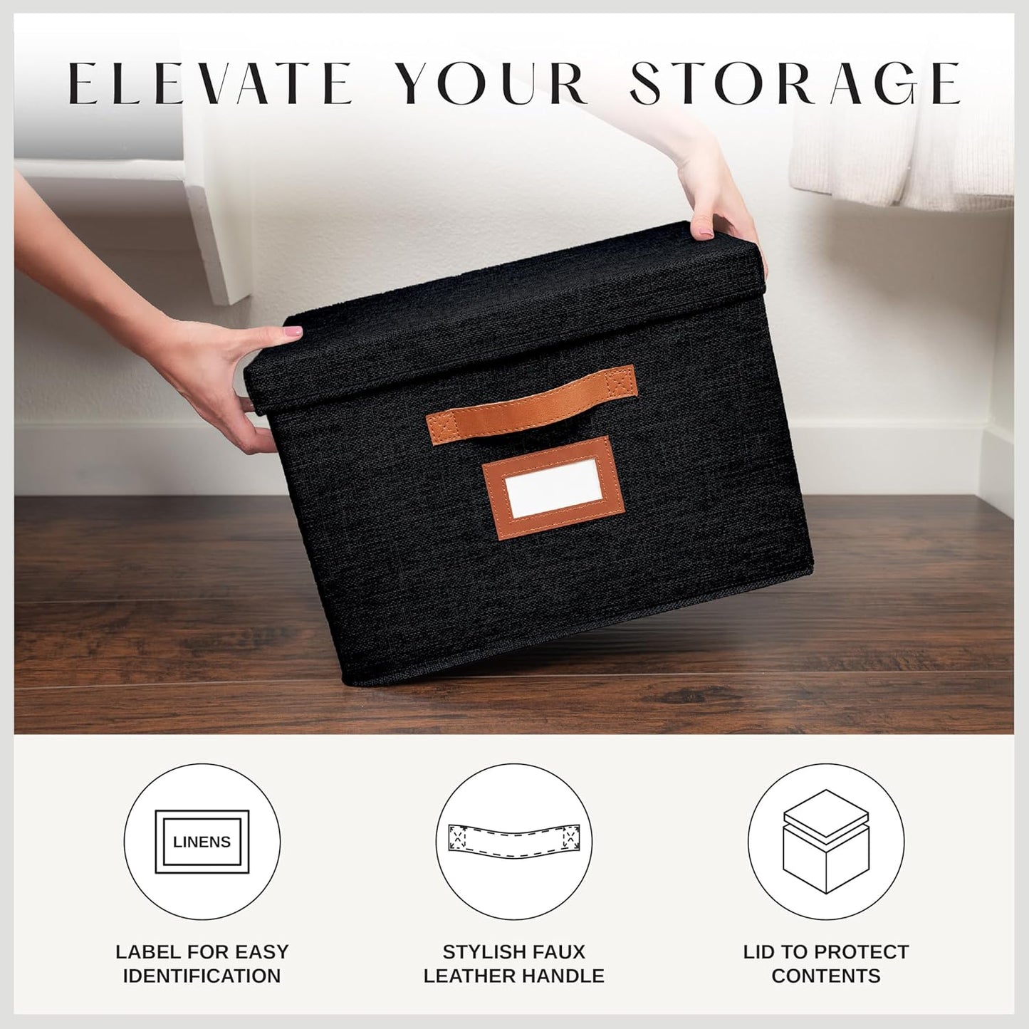 3 Pack Large Fabric Storage Box with Lid - Decorative Bin with Lid, Label Holder, Faux Handles - Large Decorative Storage Boxes with Lids for Organizing Clothes, Blankets - Black