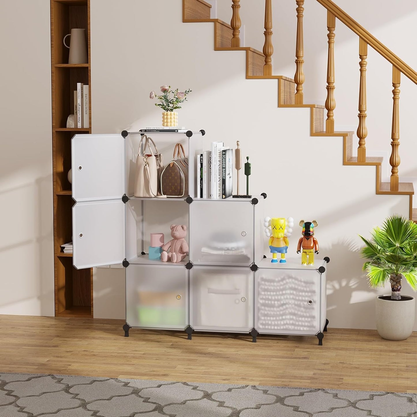 Cube Storage Organizer, 6-Cube Shelves Unit with Doors, DIY Stackable Plastic Clothes Organizer for Bedroom and Under Stairs Storage Unit, 30 x 30 x 30 cm Frosted White ATTSL6003