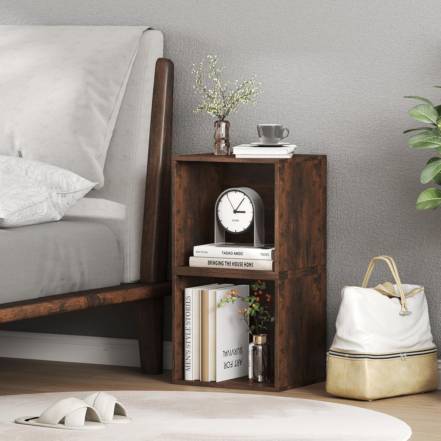 Giantex 2-Cube Bookcase, Stackable Cube Storage Organizer w/Open Bookshelf, Wooden Display Shelving Unit for Small Space, DIY Modular Cubby Storage System for Home, Study, Living Room, Rustic Brown