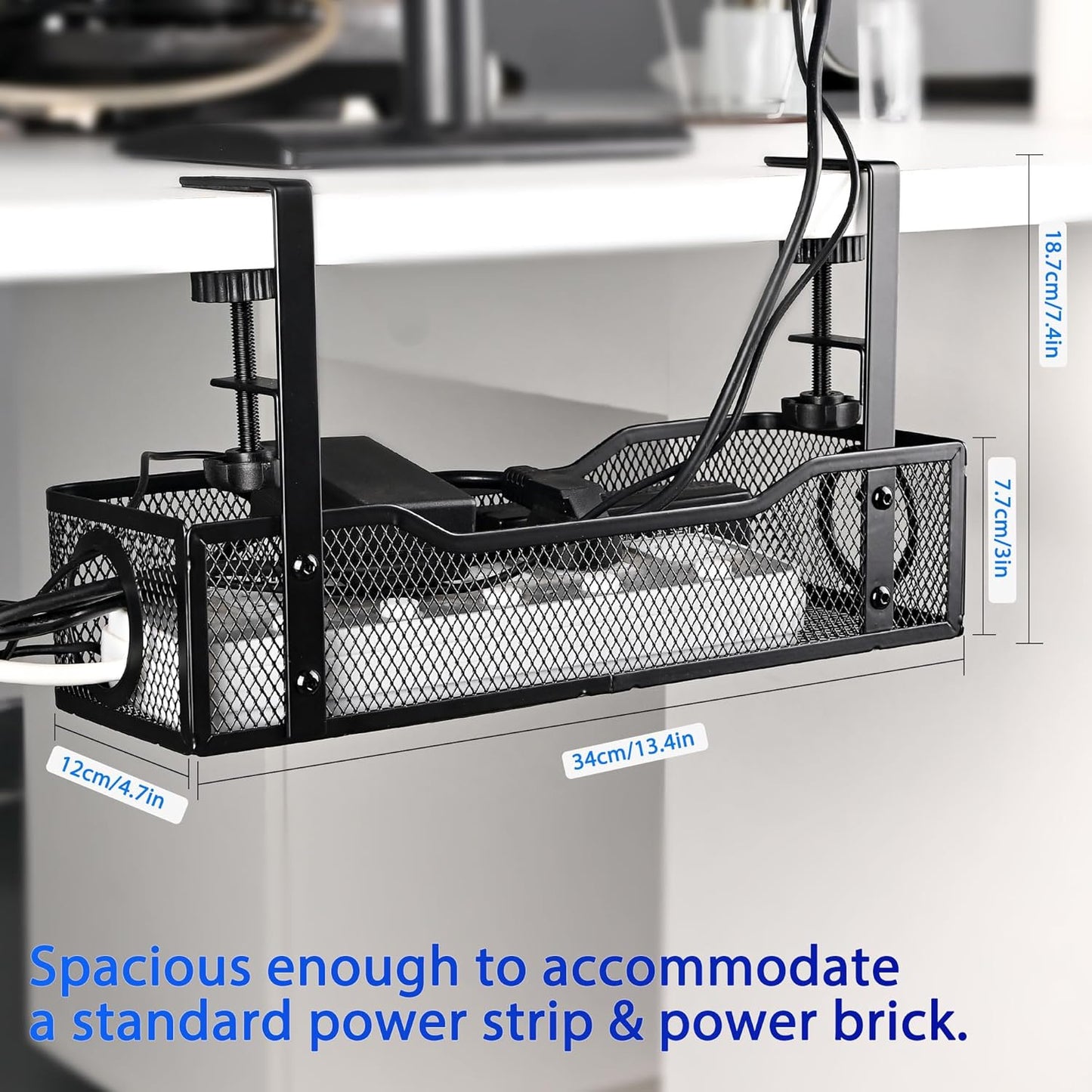 No Drill Under Desk Cable Management Tray – Clamp-On Metal Cable Organizer for Power Cords – Easy Install Wire Holder for Home Office Desk (Black)