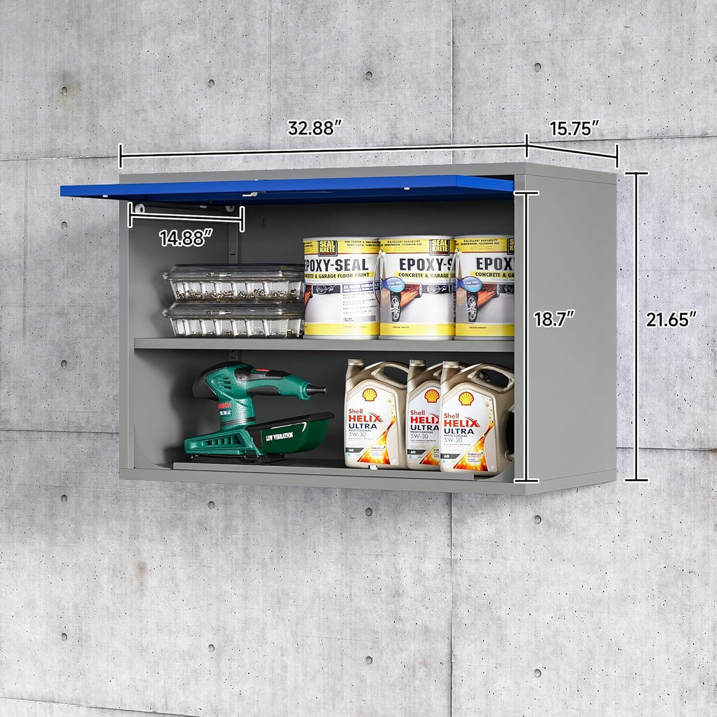 Metal Wall Cabinet with Locking Door and Shelf, Hanging Garage Cabinets with Up-Flip Doors for Garage, Warehouse, Home, Office, Assembly Required (Grey Blue, One Cabinet)