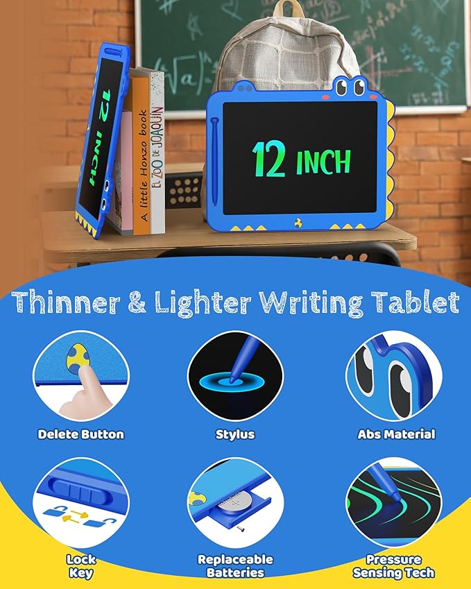 TEKFUN LCD Writing Tablet for Kids, 12 Inch Doodle Board Colorful Drawing Tablet, Reusable Electronic Pads Educational and Learning Toys Gifts for 3-13 Year Old Boy and Girl (Blue)