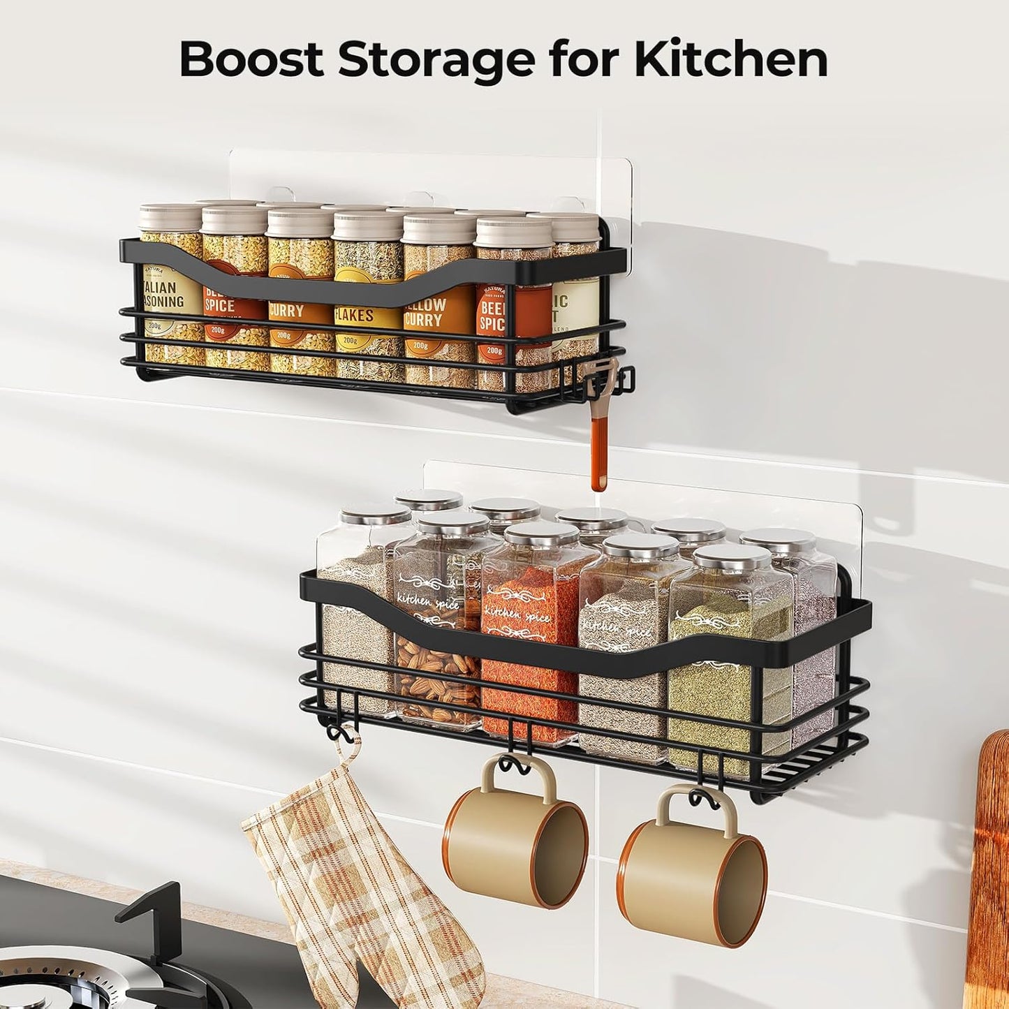 Orimade Adhesive Shower Caddy Shelf with 5 Hooks Organizer Storage Rack Rustproof Wall Mounted Stainless Steel No Drilling for Bathroom, Toilet, Kitchen - 2 Pack,Black