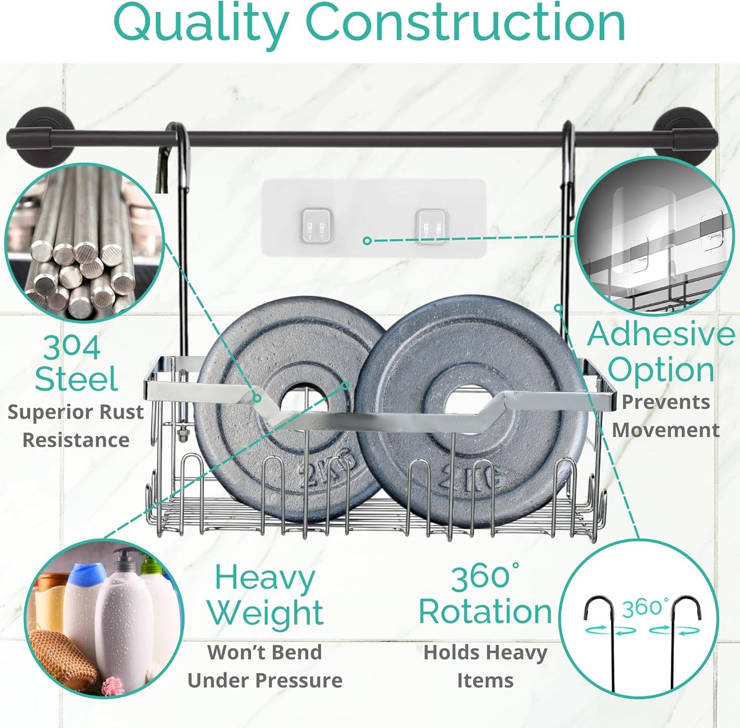 Small Shower Caddy Hanging - Shower Door Caddy Hanging with Rotatable Hooks and Adhesive Mount - Perfect for Bathroom Toiletries - Spacious & Convenient Bathroom Storage Solution 304 Stainless Steel