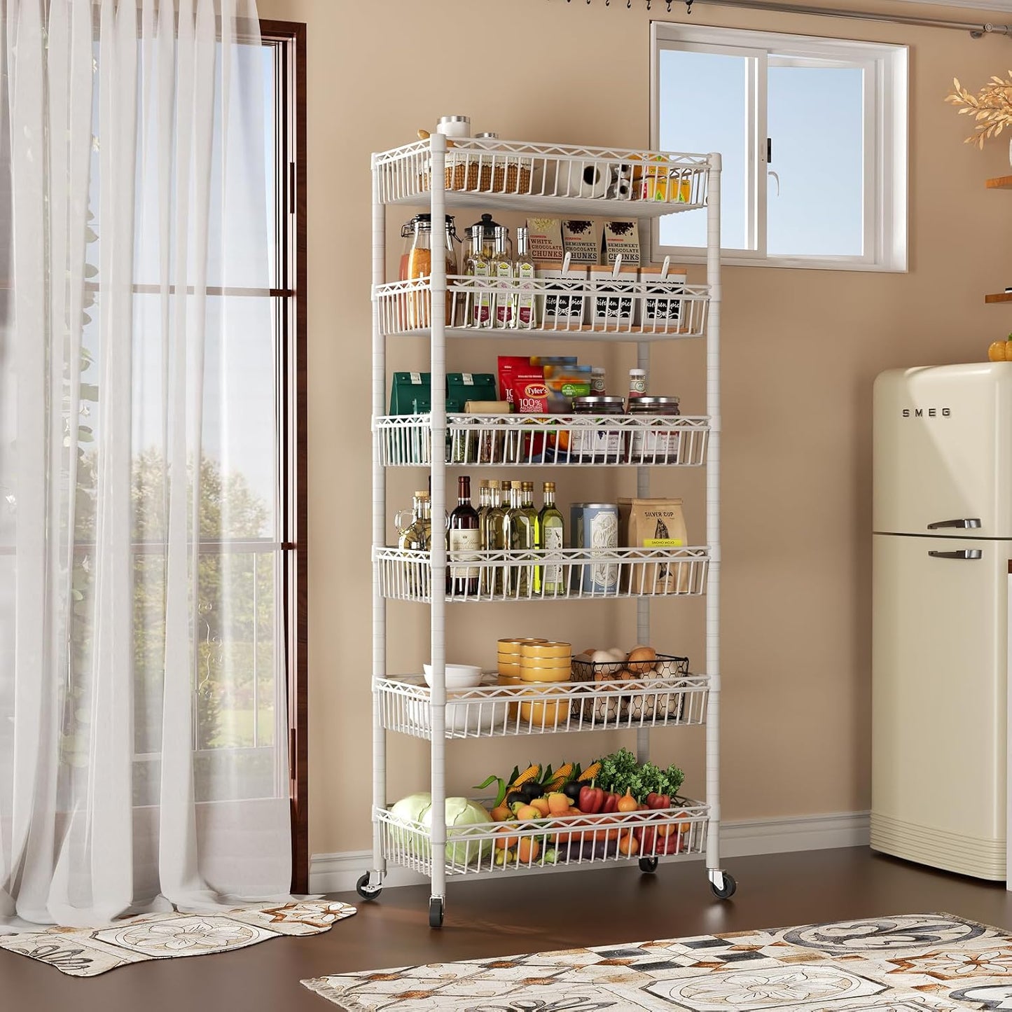 SINGAYE 6 Tier Big Basket Shelf Wire Shelving Unit Adjustable Storage Shelves Rack for Garage Kitchen Office Pantry Corner Metal with Wheels White