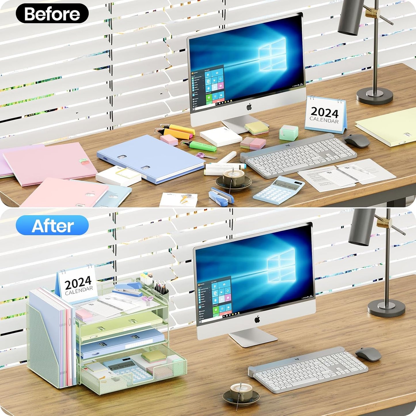 Desk Organizer and Accessories, 4-Tier Desktop File Organizer with Drawer and 2 Pen Holders, Office Desk Accessories, File Sorters, Workspace Organizers for Office Supplies(Green)