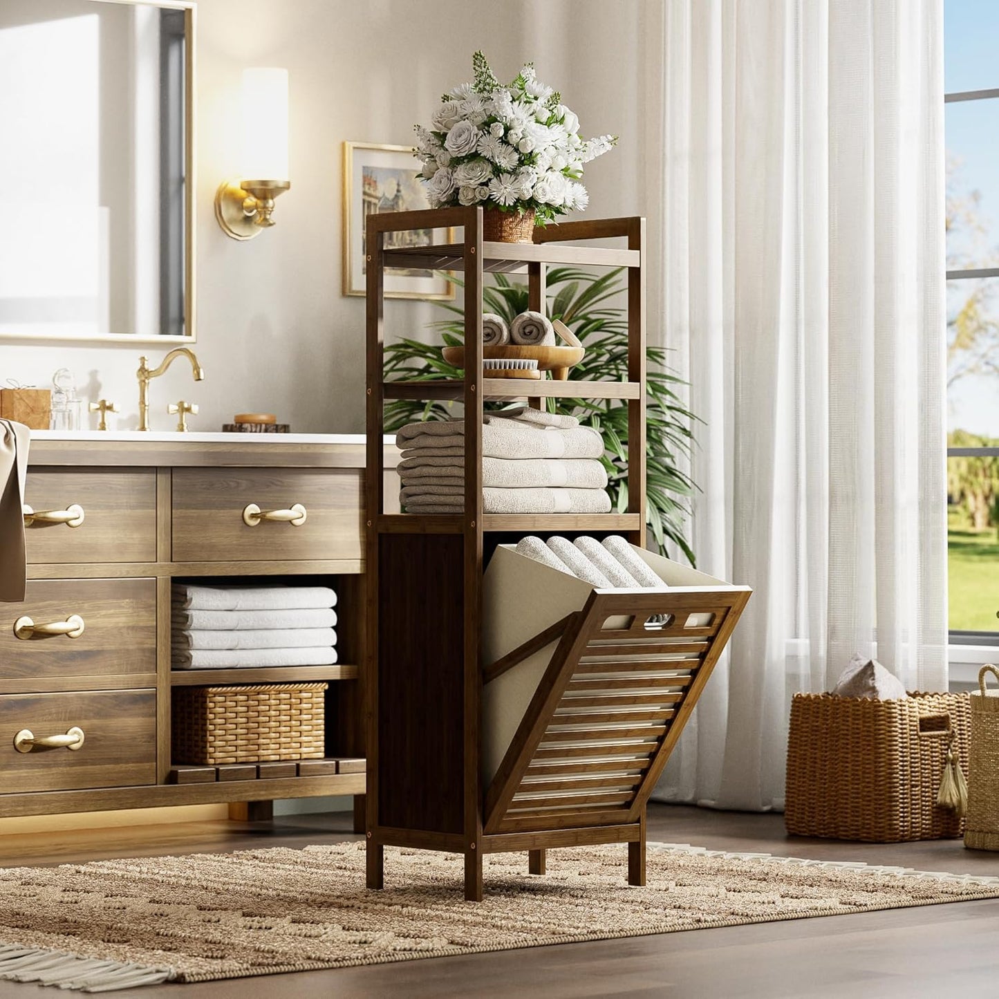 HITNET Bamboo Tilt Out Laundry Hamper, Bathroom Storage Cabinet with Hidden Removable Basket and 3 Open Shelves, Space Saving Bamboo Storage for Clothes, Towels and Toys, Walnut