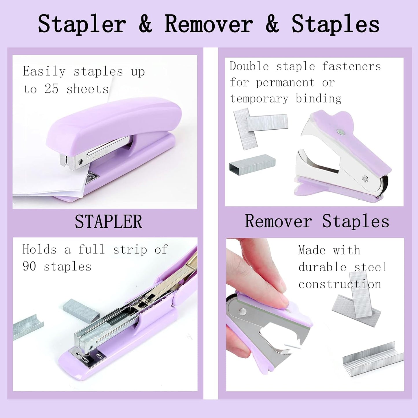 Purple Desk Accessories, Purple Office Supplies 360°Pen Holder Desk Organizers And Accessories with Tape Dispenser, Stapler, Staple Remover, 1000 Staples, Tape, Clips Set, Ruler, Scissor, Pen